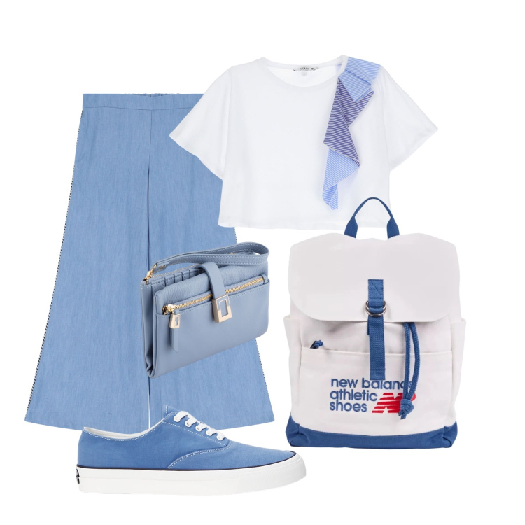 Outfit donna - Total look #2086832. Stile Casual per Tutti i giorni. Abbinamento con zaini, t-shirt, pantaloni a palazzo, sneakers, portafogli.