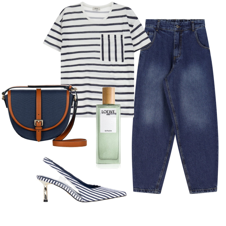 Outfit donna - Righe blu. Stile Casual chic per Tutti i giorni. Abbinamento con profumi, borse a tracolla, décolleté, jeans, t-shirt.