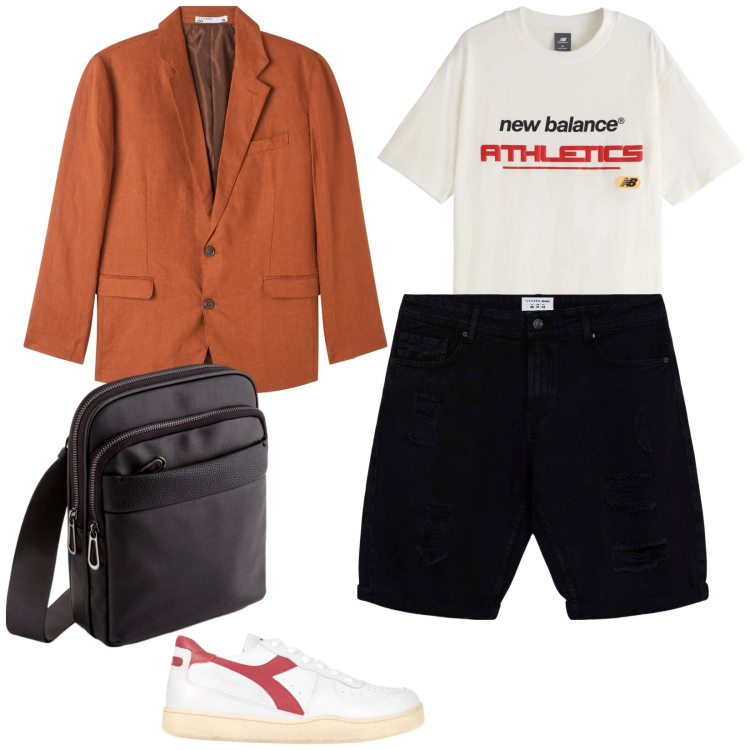 Outfit uomo - Giacca e pantaloncino. per Mare. Abbinamento con sneakers, giacche, bermuda, t-shirt, portafogli.