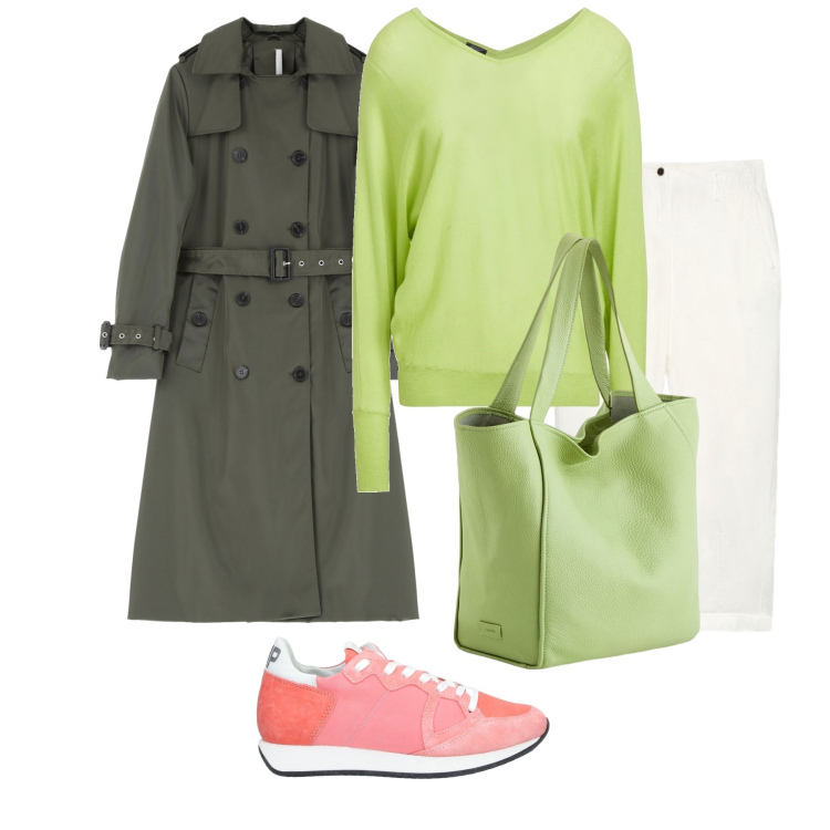 Outfit donna - Primaverile comodo e colorato. Stile Casual chic per Tutti i giorni. Abbinamento con pullovers, sneakers, trench, pantaloni, shopping bag.