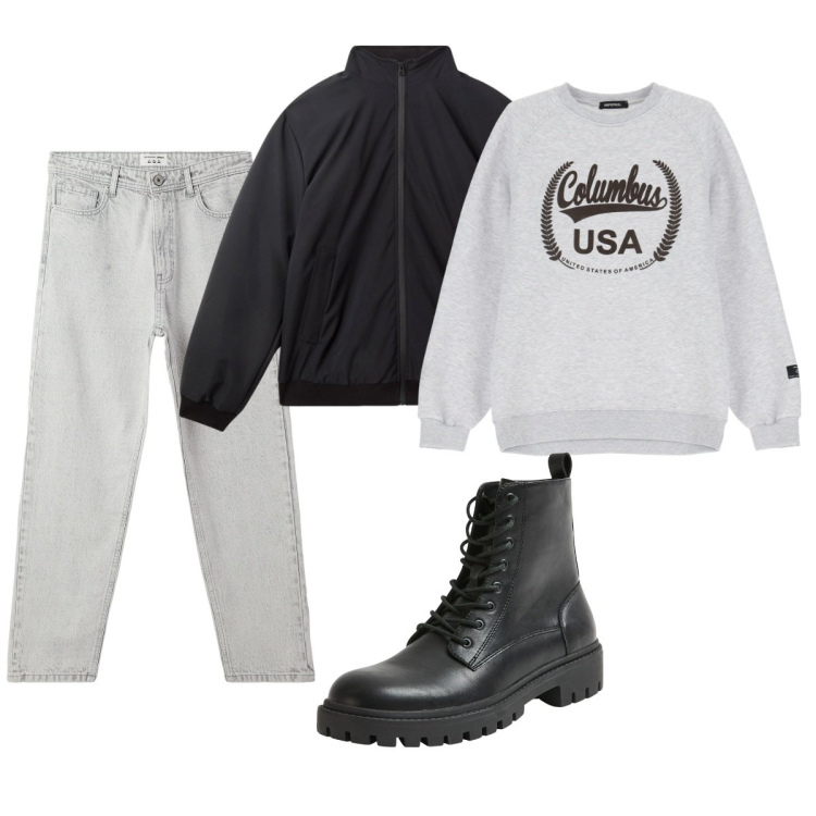 Outfit uomo - Total look #2086862. Stile Urban per Tutti i giorni. Abbinamento con giacche, anfibi, jeans, felpe.