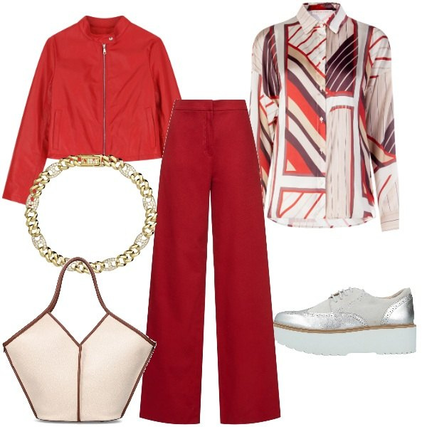 Outfit donna - Serata fuori. Stile Trendy per Serata fuori. Abbinamento con scarpe stringate, giacche, braccialetti, camicie, shopping bag, pantaloni.