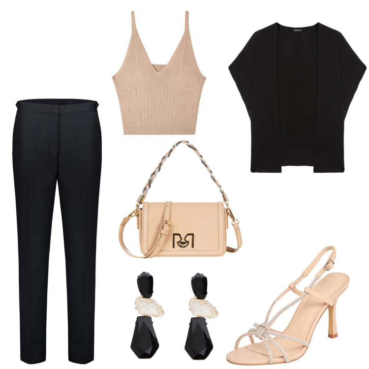 Outfit donna - Serata con amici. Stile Casual per Serata fuori. Abbinamento con sandali col tacco, top, borse a tracolla, orecchini, pantaloni, cappe.