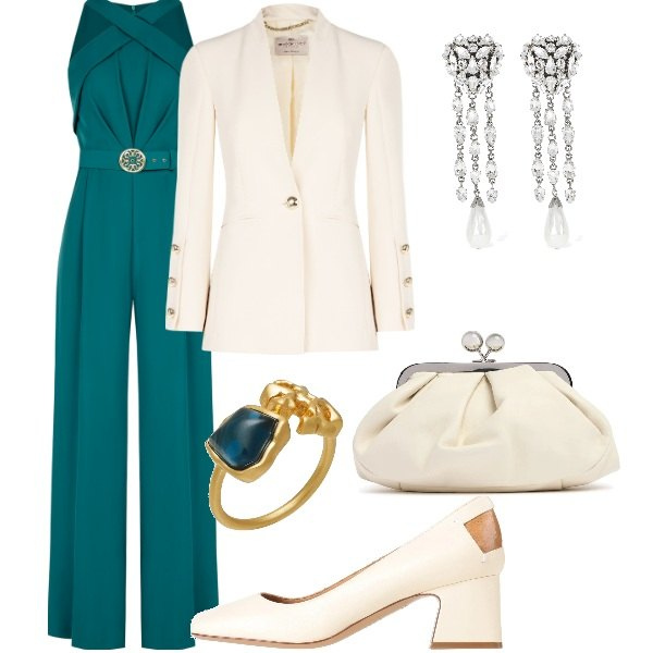 Outfit donna - Matrimonio in vista. Stile Glamour per Cerimonia. Abbinamento con décolleté, anelli, tute, blazer, pochette, orecchini.