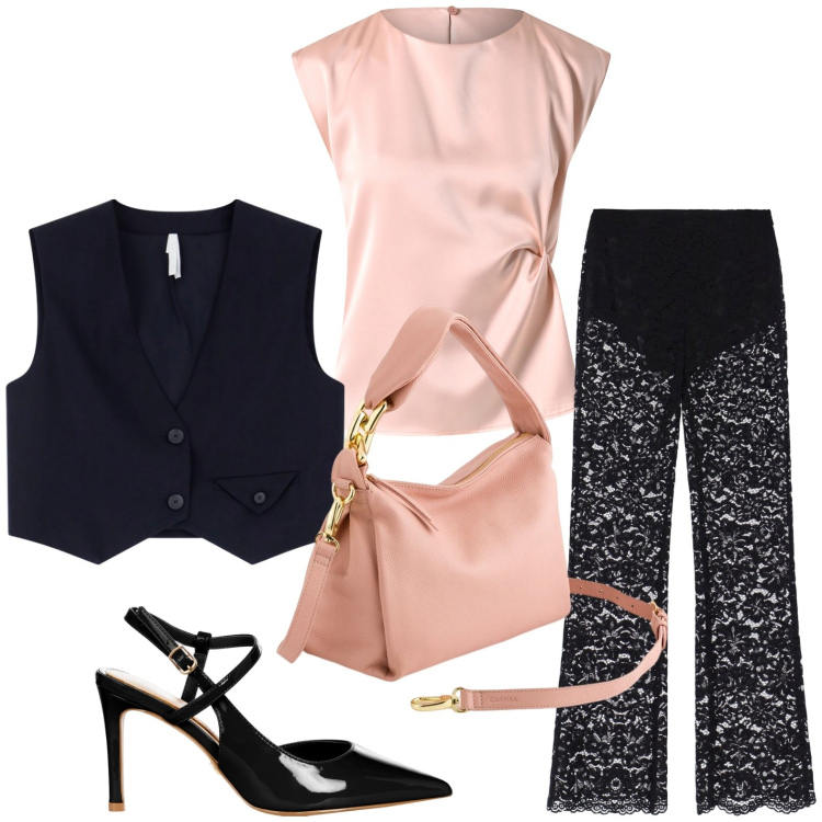 Outfit donna - Elegante in primavera. Stile Romantica per Serata fuori. Abbinamento con pantaloni, gilet, décolleté, top, borse a tracolla.