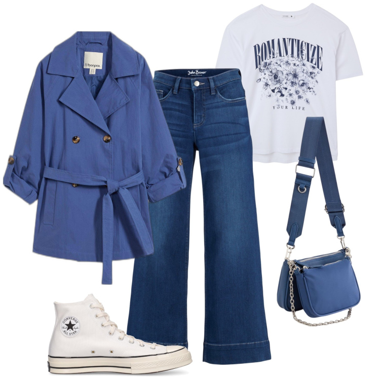 Outfit donna - Per tutti i giorni. Stile Minimal per Tutti i giorni. Abbinamento con jeans a zampa, trench, t-shirt, pochette, sneakers.