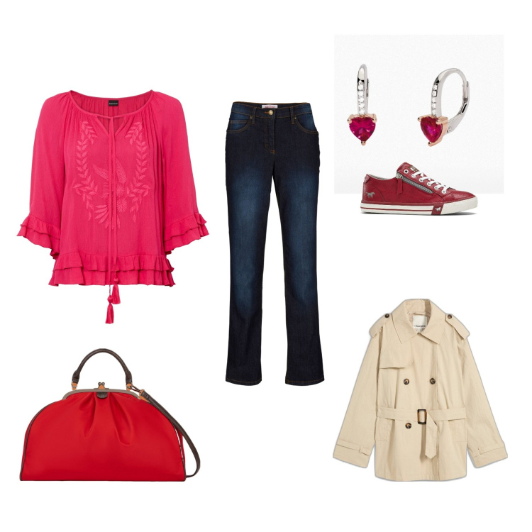 Outfit donna - Rosso. Stile Casual per Tutti i giorni. look ideale per Tall. Abbinamento con tuniche, jeans dritti, trench, sneakers, orecchini, borse a spalla.