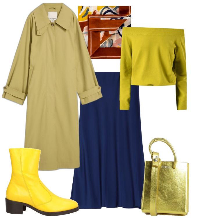 Outfit donna - Cerimonia evento serata speciale. Stile Sporty chic per Ufficio. Abbinamento con trench, stivaletti, borse a spalla, maglieria, foulard, gonne longuette.
