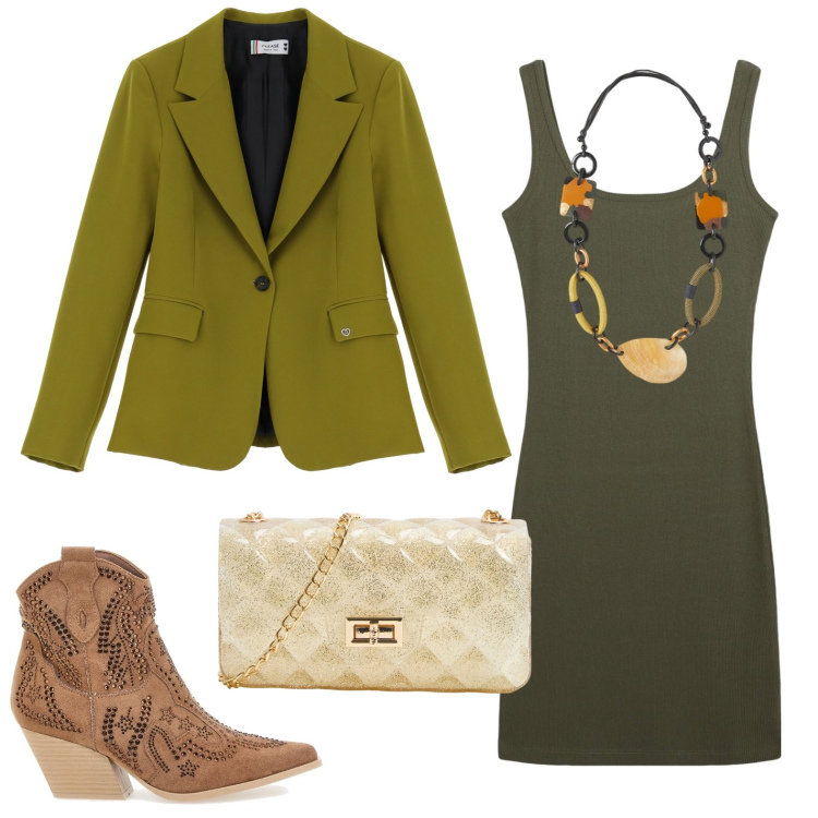 Outfit donna - I colori della rinascita. Stile Etnico per Tutti i giorni. Abbinamento con vestiti, borse a tracolla, blazer, stivaletti texani, collane.