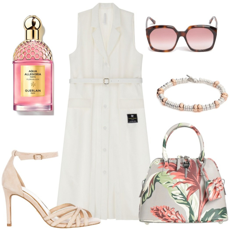 Outfit donna - Pranzo bon ton. Stile Bon Ton per Tutti i giorni. Abbinamento con borse a mano, profumi, sandali col tacco, vestiti chemisier, braccialetti, occhiali da sole.