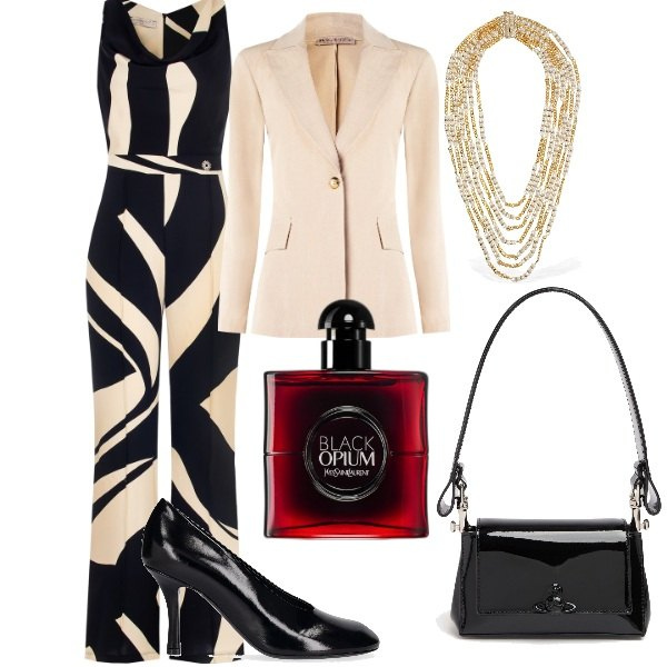 Outfit donna - Matrimonio in vista. Stile Glamour per Cerimonia. Abbinamento con profumi, tute, blazer, borse a spalla, collane, décolleté.
