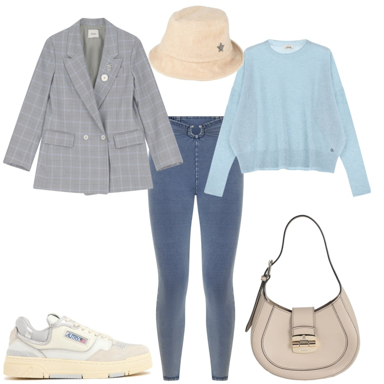 Outfit donna - Total look #2086913. Stile Sporty chic per Tutti i giorni. Abbinamento con cappelli con visiera, borse a mano, jeggings, blazer, pullovers, sneakers.