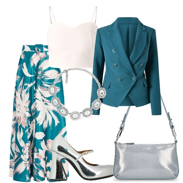 Outfit donna - Matrimonio in vista. Stile Glamour per Cerimonia. Abbinamento con décolleté, gonne, canottiere, blazer, borse a spalla, collane.