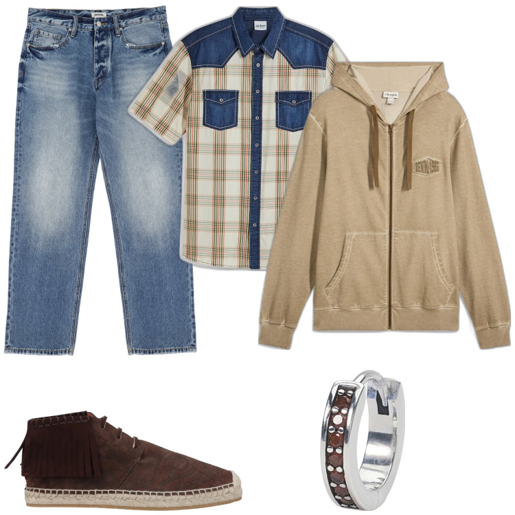 Outfit uomo - Stile country moderno. Stile Urban per Tutti i giorni. Abbinamento con camicie a manica corta, felpe con cappuccio, stivali e stivaletti, orecchini, jeans.