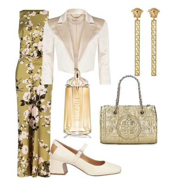 Outfit donna - Matrimonio in vista. Stile Glamour per Cerimonia. Abbinamento con décolleté, profumi, bolero, vestiti lunghi, borse a mano, orecchini.