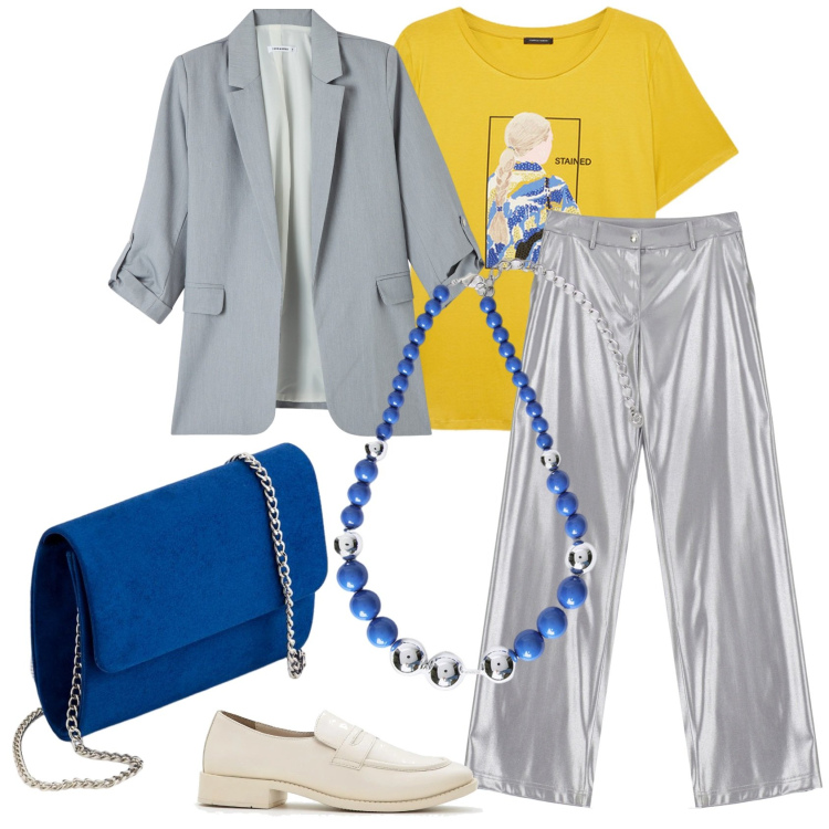 Outfit donna - I jeans metalizzati. Stile Urban per Tutti i giorni. Abbinamento con mocassini, blazer, pantaloni, collane, t-shirt, pochette.
