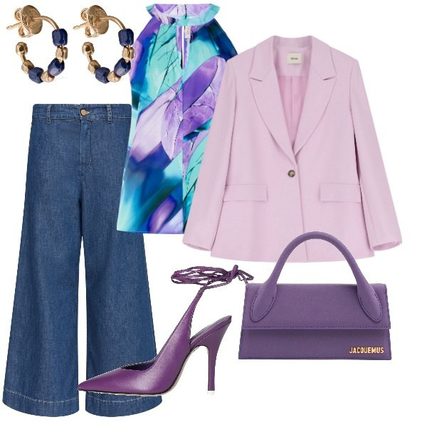 Outfit donna - Serata fuori. Stile Trendy per Serata fuori. Abbinamento con décolleté, blazer, top, orecchini, borse a mano, jeans.