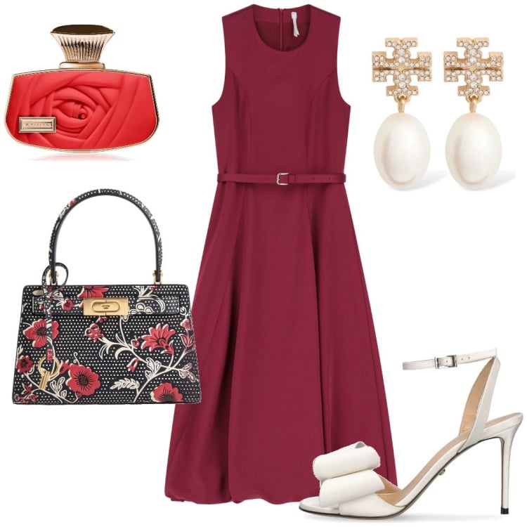 Outfit donna - Cerimonia elegante. Stile Glamour per Cerimonia. Abbinamento con borse a mano, profumi, vestiti midi/longuette, sandali in pelle, orecchini.