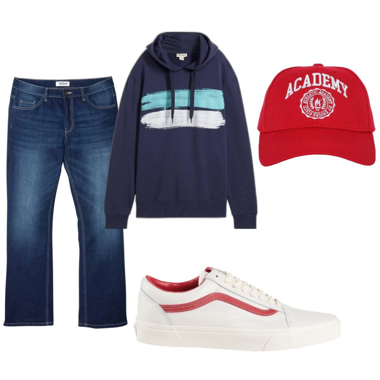 Outfit uomo - Total look #2086926. Stile Casual per Tutti i giorni. Abbinamento con jeans bootcut, felpe con cappuccio, sneakers, cappelli.