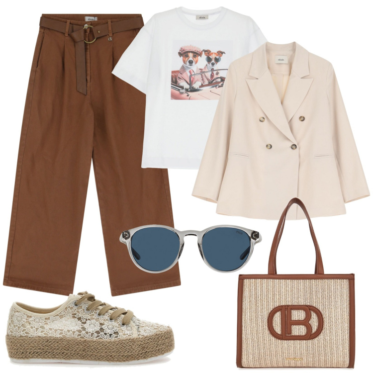 Outfit donna - Dixie sognando Siviglia. Stile Casual per Tutti i giorni. Abbinamento con pantaloni, t-shirt, blazer, occhiali da sole, espadrillas, borse a spalla.