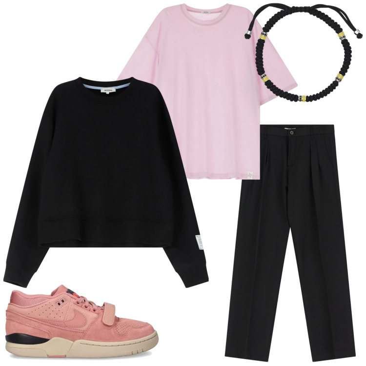 Outfit uomo - Un tocco di rosa. Stile Trendy per Serata speciale. Abbinamento con braccialetti, felpe, t-shirt, pantaloni, sneakers.