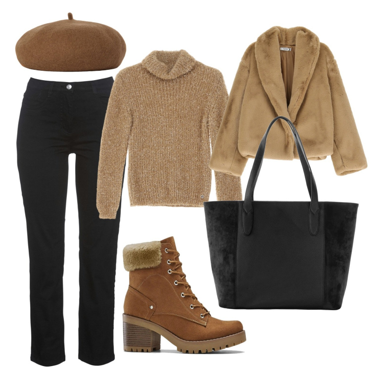 Outfit donna - Passeggiare d\'inverno. Stile Trendy per Tutti i giorni. Abbinamento con shopping bag, stivaletti, pantaloni, maglieria, ecopellicce, cappelli e berretti.