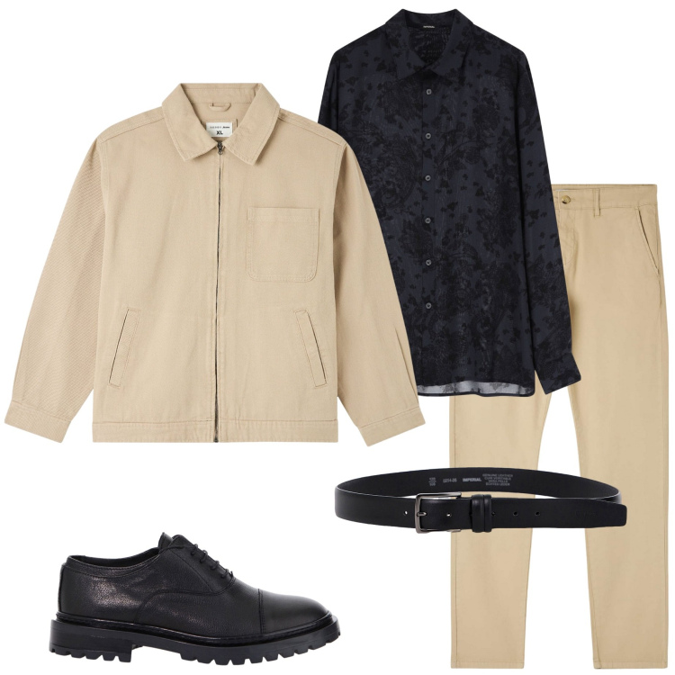 Outfit uomo - Camicia damascata. Stile Trendy per Serata speciale. Abbinamento con giacche, pantaloni chino, scarpe stringate, camicie, cinture.