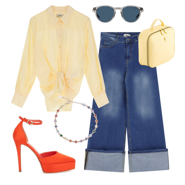 Outfit donna - Siviglia nel cuore. Stile Glamour per Tutti i giorni. Abbinamento con braccialetti, jeans dritti, camicie, occhiali da sole, décolleté, portafogli.