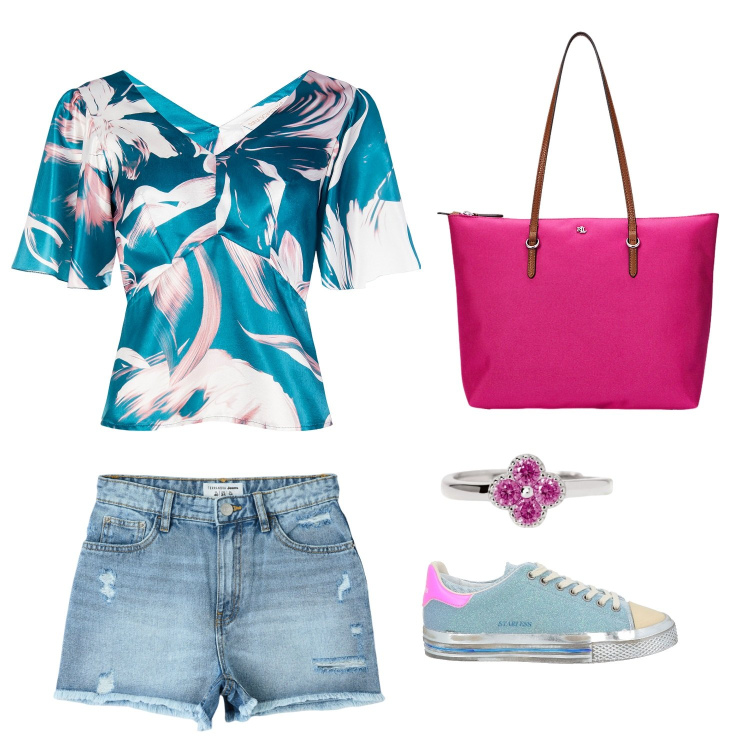 Outfit donna - Un giorno in libertà. Abbinamento con sneakers, shorts, anelli, bluse, borse tote.
