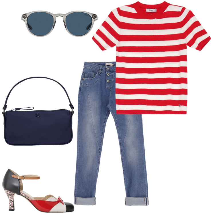 Outfit donna - Sulla marina di Saint-Tropez. Stile Bon Ton per Mare. Abbinamento con jeans slim fit, maglieria, décolleté, occhiali da sole, pochette.
