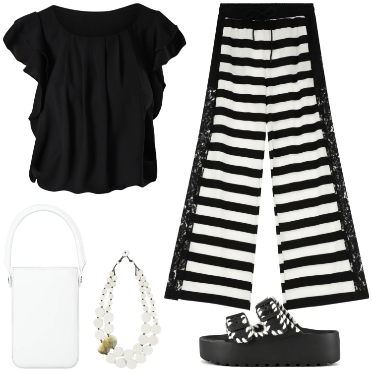Outfit donna - Pantaloni a righe. Stile Trendy per Tutti i giorni. Abbinamento con borse a mano, bluse, pantaloni a palazzo, ciabatte, ciondoli.