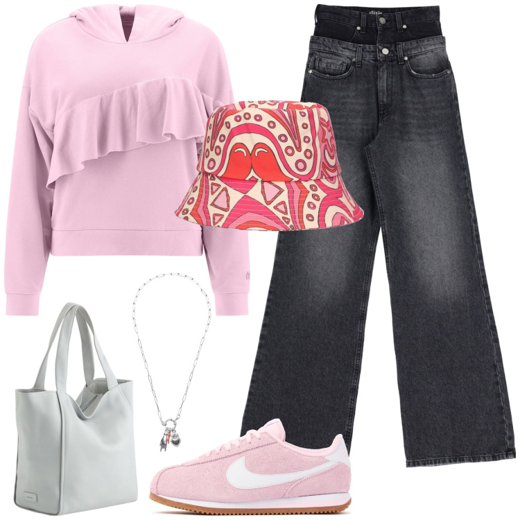 Outfit donna - Il cappellino. Stile Casual per Tutti i giorni. Abbinamento con ciondoli, felpe con cappuccio, jeans, cappelli, sneakers, shopping bag.