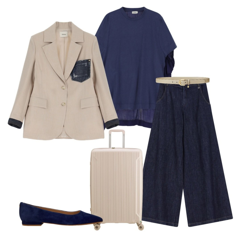 Outfit donna - Dixie ss25. Stile Casual chic per Tutti i giorni. Abbinamento con jeans, blazer, t-shirt, cinture, ballerine, valigie.
