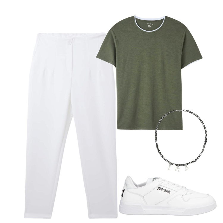 Outfit uomo - City. Stile Casual per Tutti i giorni. Abbinamento con sneakers, t-shirt, pantaloni chino, collane.