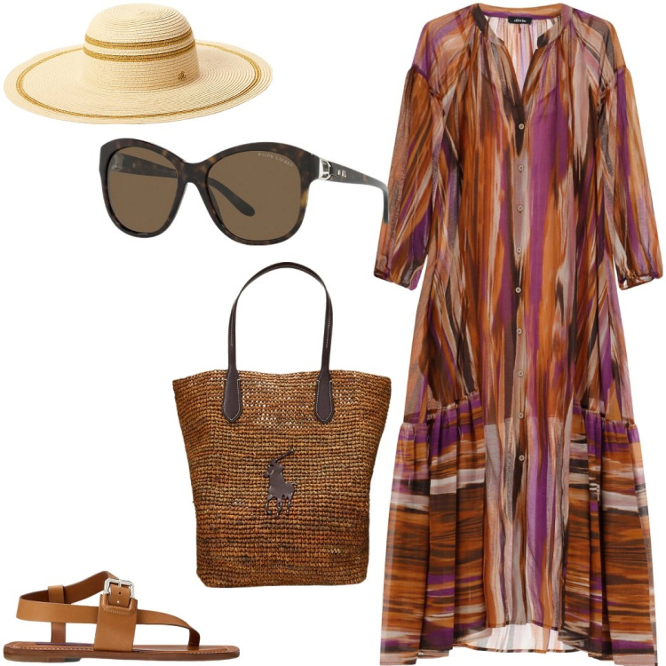 Outfit donna - Dixie ss25. Stile Glamour per Mare. Abbinamento con vestiti lunghi, sandali in pelle, occhiali da sole, borse tote, cappelli.