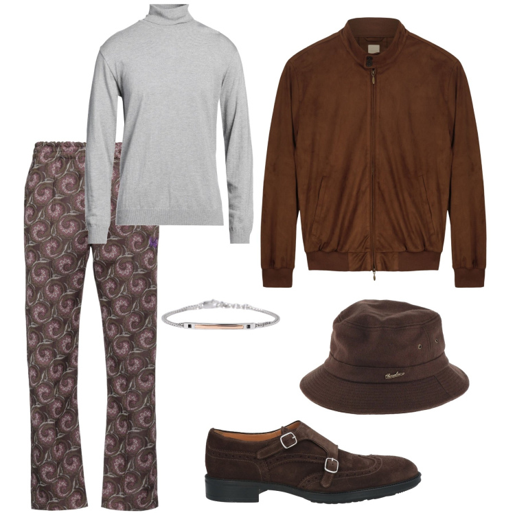 Outfit uomo - Look trendy. Stile Casual per Ufficio. Abbinamento con scarpe stringate, cappelli, maglieria, pantaloni, braccialetti, giacche.