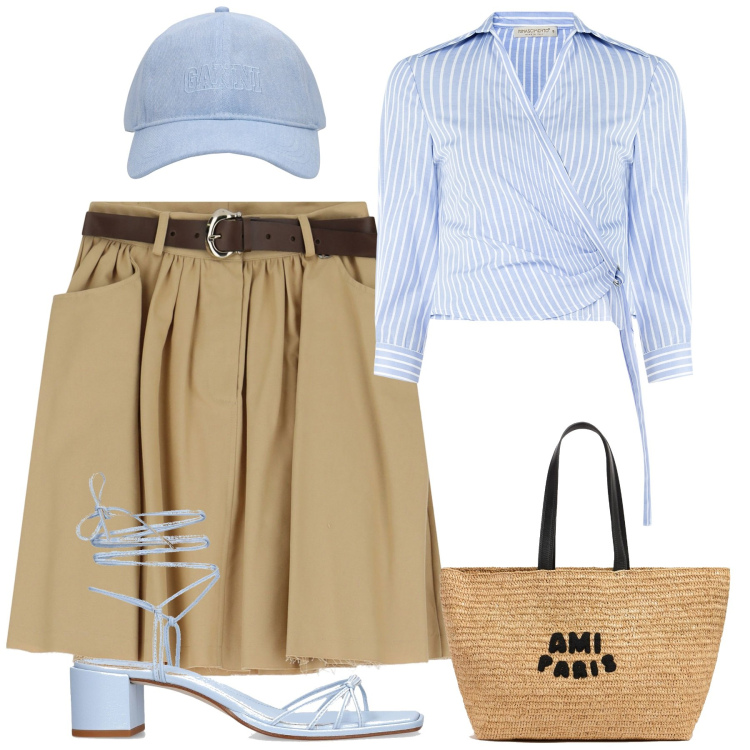 Outfit donna - City. Stile Urban per Tutti i giorni. Abbinamento con minigonne, camicie, sandali in pelle, cappelli, borse tote.
