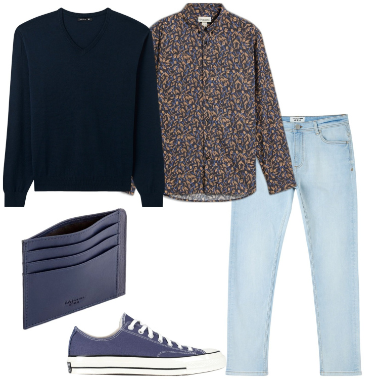 Outfit uomo - Pranzo al sushi. Stile Casual per Tutti i giorni. Abbinamento con camicie, sneakers, jeans skinny, maglieria, portafogli.