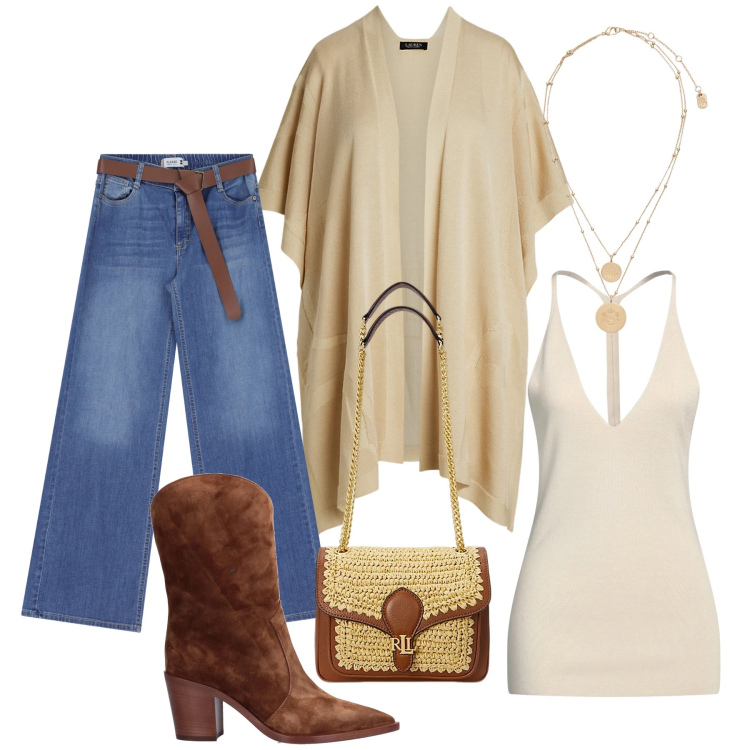 Outfit donna - Marzo non ti temo. Stile Etnico per Tutti i giorni. Abbinamento con top, stivaletti texani, jeans, ciondoli, borse a spalla, cappe.