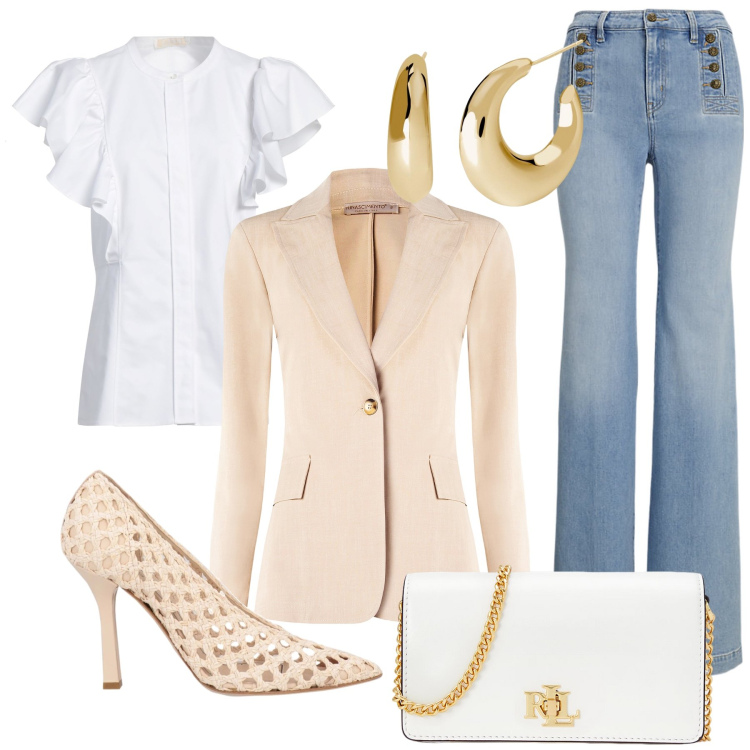 Outfit donna - Chic e soft. Stile Casual chic per Tutti i giorni. Abbinamento con décolleté, camicie a manica corta, orecchini, blazer, borse a mano, jeans.