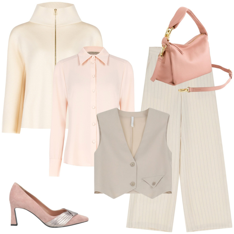 Outfit donna - Cappa x i momenti più freschi. Stile Casual chic per Ufficio. Abbinamento con décolleté, camicie, cappe, gilet, pantaloni a palazzo, borse a tracolla.