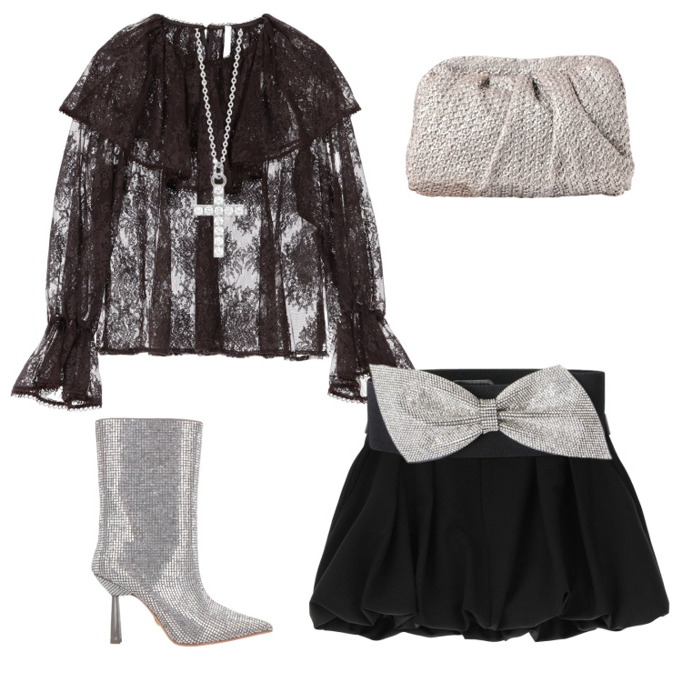 Outfit donna - Brillante Serata. per Serata fuori. Abbinamento con stivaletti, collane, clutch, minigonne, camicie, cinture.