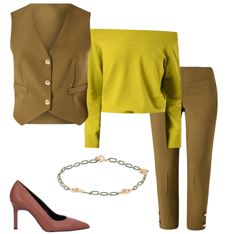 Outfit donna - In ufficio. Stile Casual chic per Ufficio. Abbinamento con décolleté, braccialetti, pantaloni, maglieria, gilet.