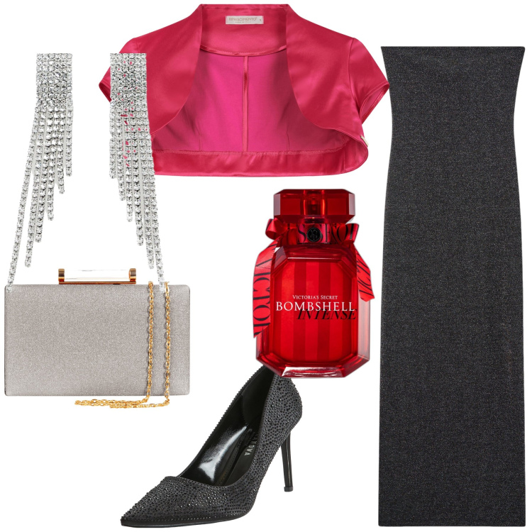 Outfit donna - Evento speciale. Stile Glamour per Serata fuori. Abbinamento con profumi, vestiti lunghi, décolleté, bolero, clutch, orecchini.