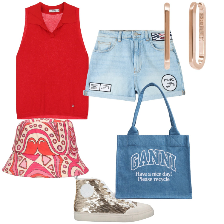 Outfit donna - Il primo mare. Stile Casual chic per Mare. Abbinamento con sneakers alte, shorts, orecchini, top, shopping bag, cappelli.