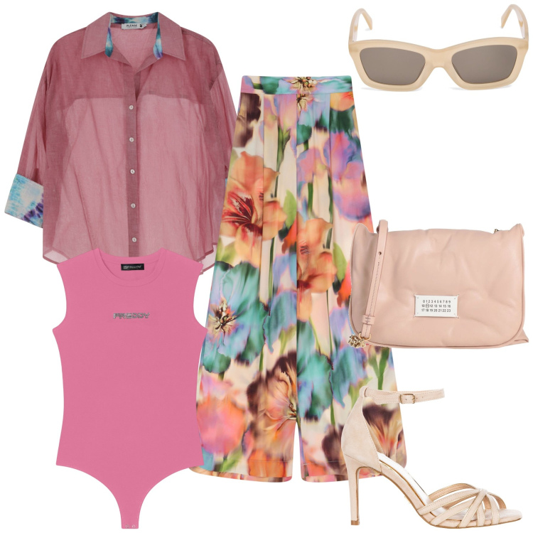Outfit donna - Pomeriggio di primavera con amica. Stile Glamour per Tutti i giorni. Abbinamento con borse a tracolla, sandali col tacco, camicie, body, pantaloni a palazzo, occhiali da sole.