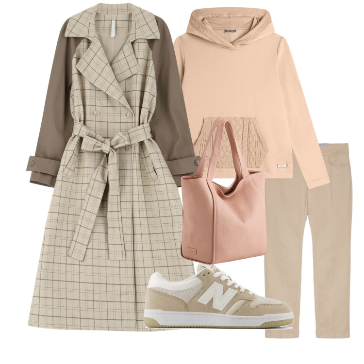 Outfit donna - Mezza stagione piovosa. Stile Casual per Tutti i giorni. Abbinamento con sneakers, trench, felpe con cappuccio, pantaloni, shopping bag.