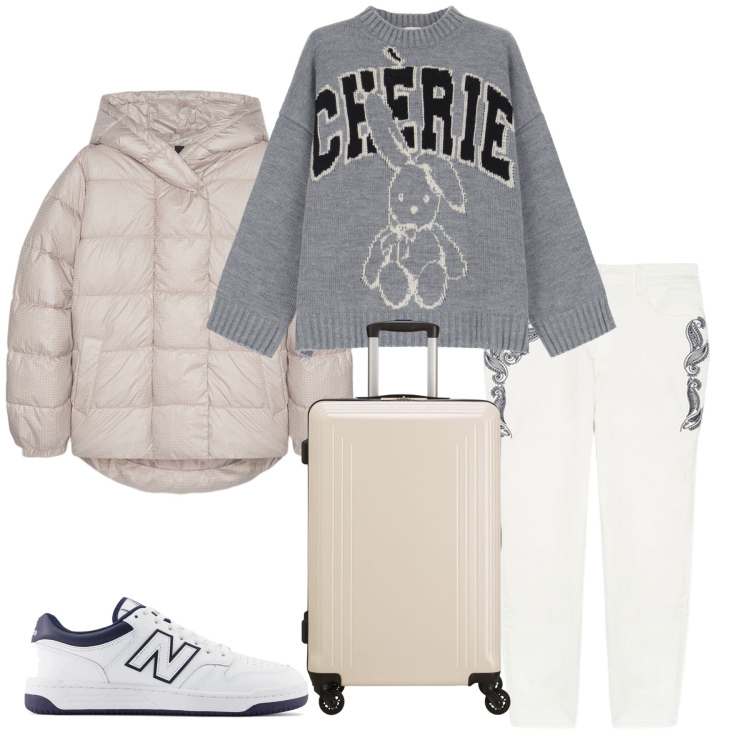 Outfit donna - In partenza per Brunico. Stile Casual per Tutti i giorni. Abbinamento con sneakers, maglieria, pantaloni, piumini, valigie.