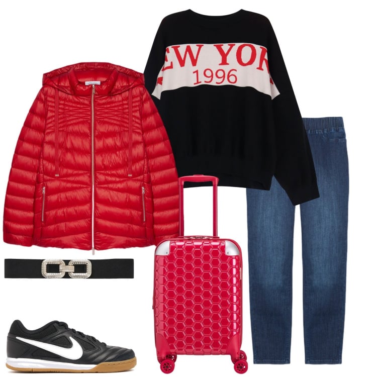 Outfit donna - Sì viaggiare …. Stile Casual per Tutti i giorni. Abbinamento con cinture, maglieria, jeggings, piumini, sneakers, valigie.