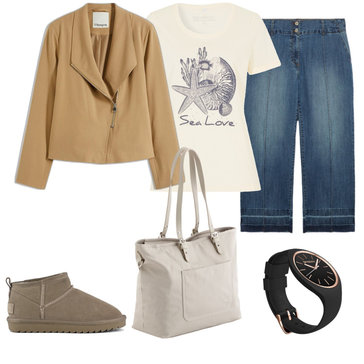 Outfit donna - Sea love. Stile Casual per Tutti i giorni. Abbinamento con t-shirt, bomber, orologi, stivali, jeans, shopping bag.